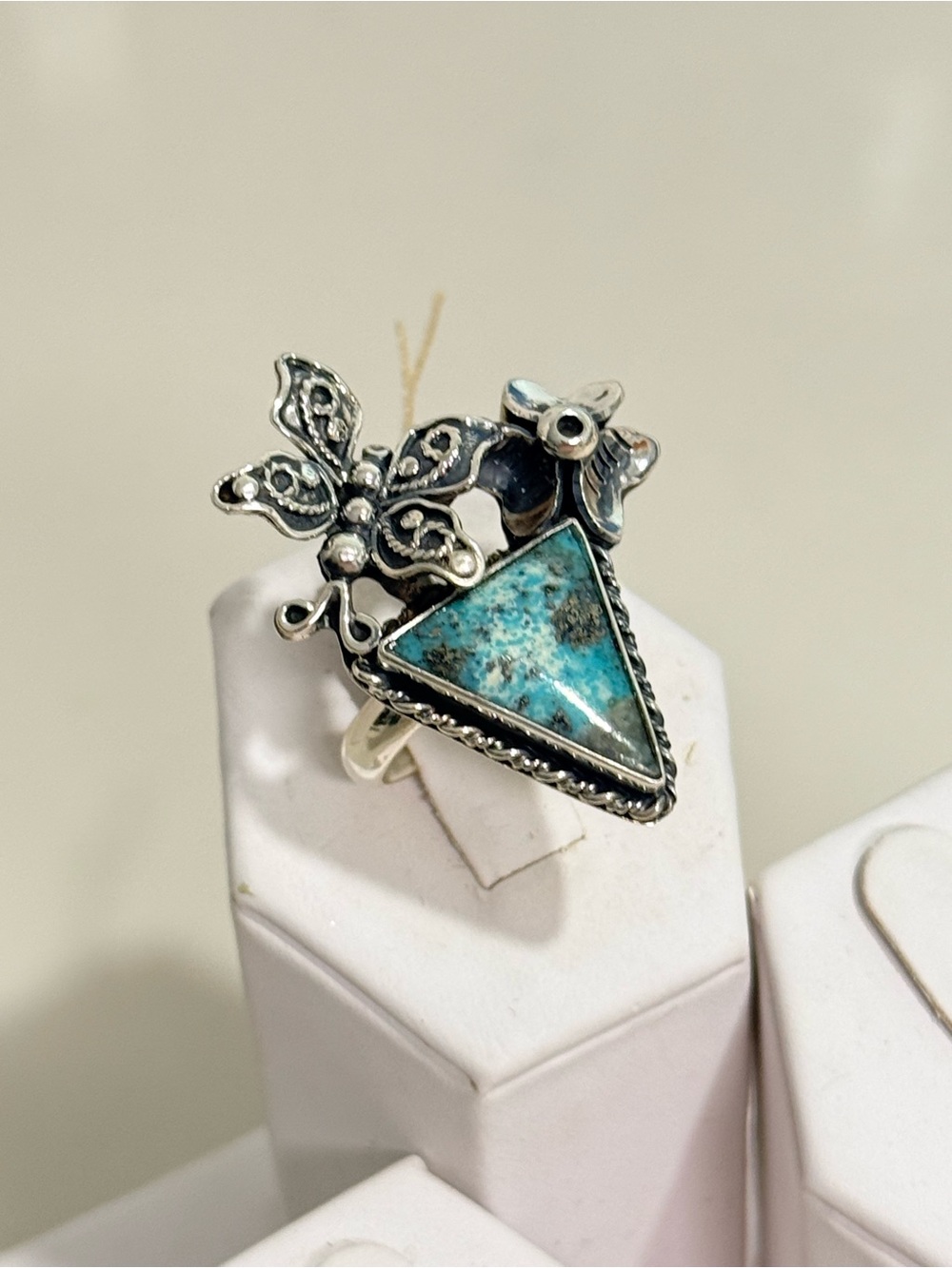 Silver Floral Turquoise Triangle Ring - Blue Green Gemstone